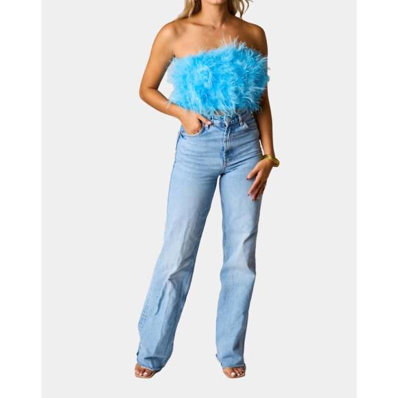 NEW BUDDYLOVE fancy strapless feather crop top in azure feather - Picture 1 of 3